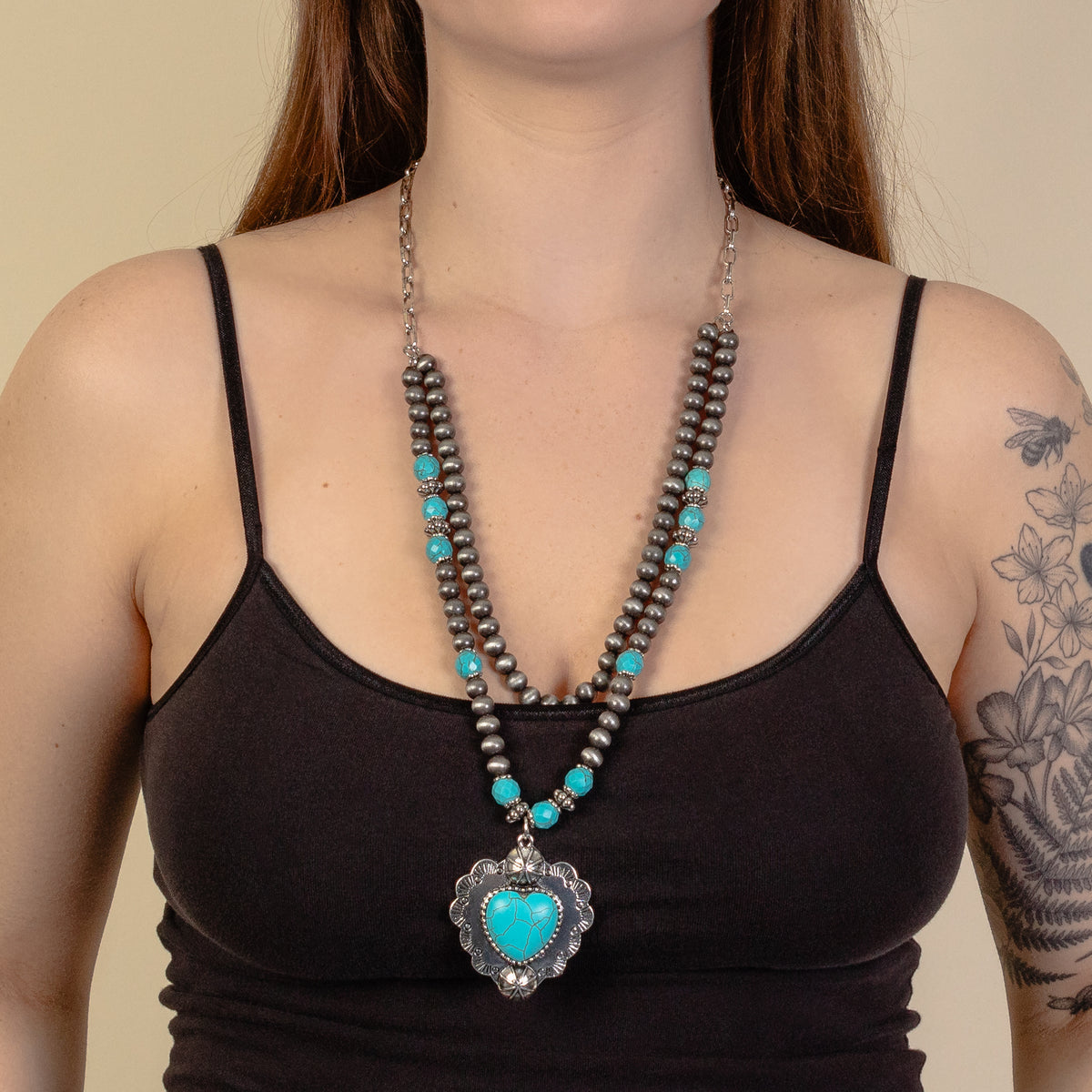 92073 - Squash Blossom Heart Necklace - Turquoise & Silver