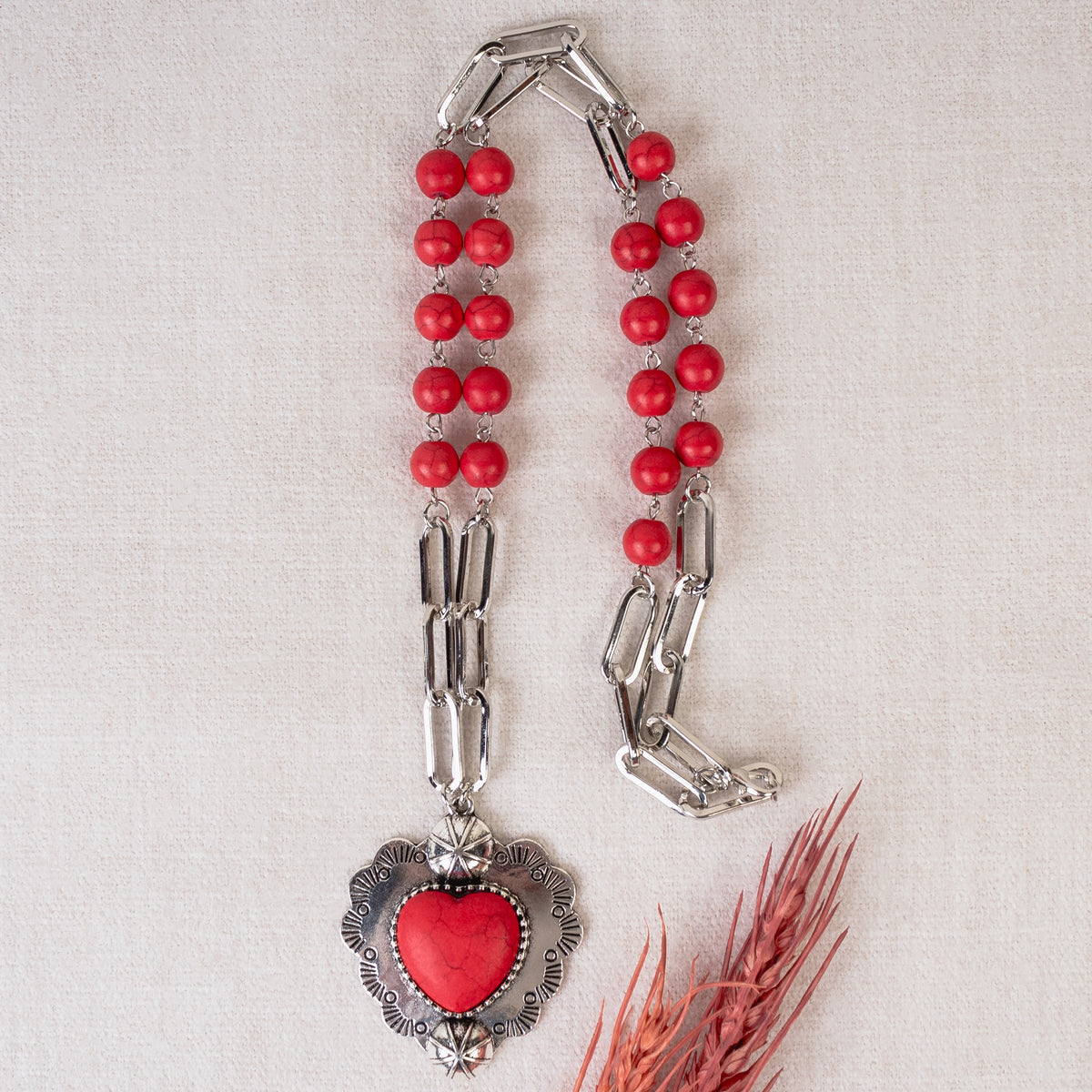 92074 - Squash Blossom Heart Necklace - Red & Silver