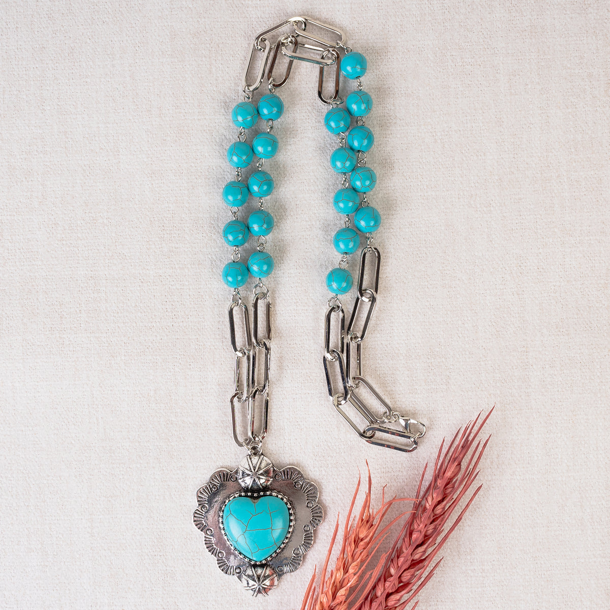 92074 - Squash Blossom Heart Necklace - Turquoise & Silver