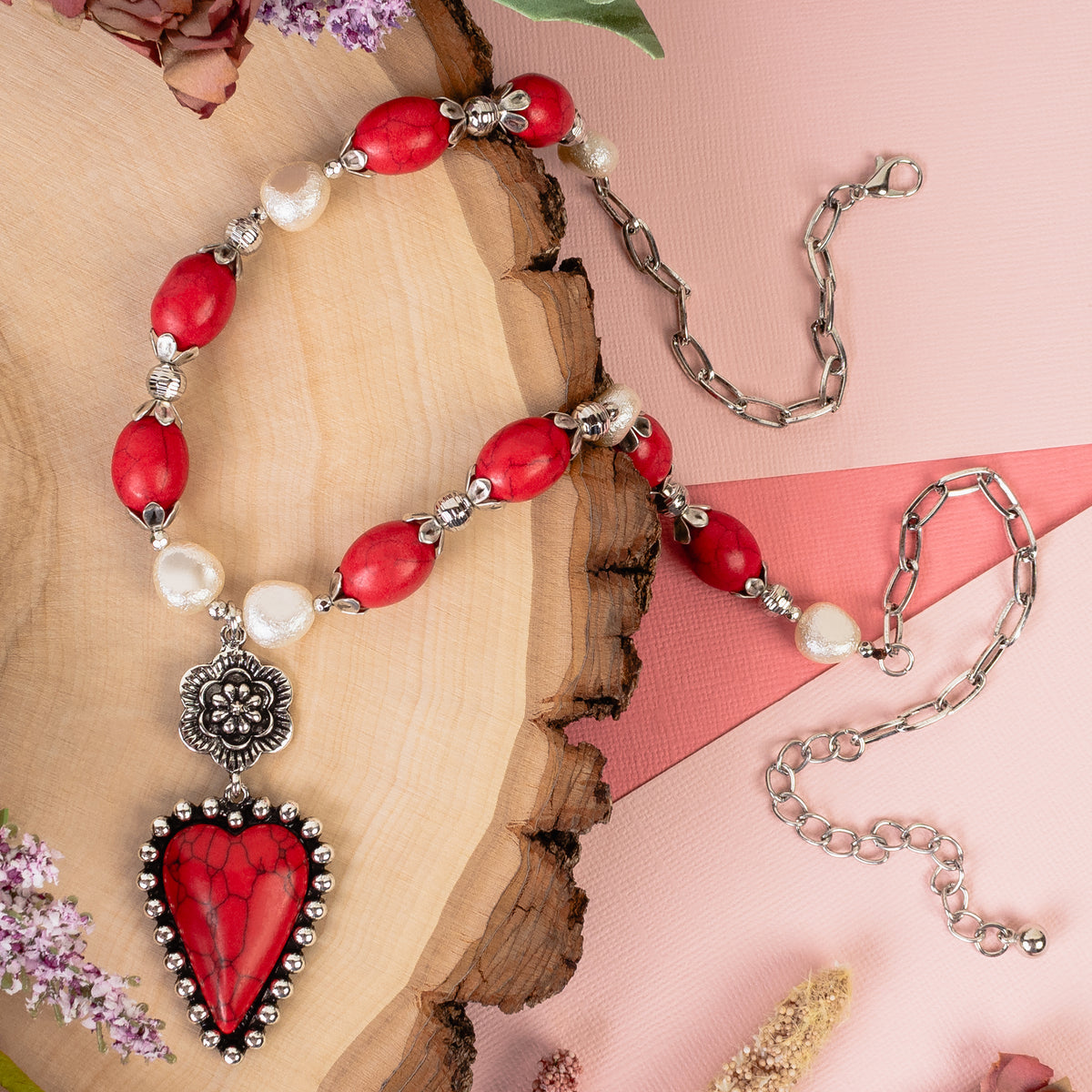 92075 - Squash Blossom Heart Necklace - Red & Silver