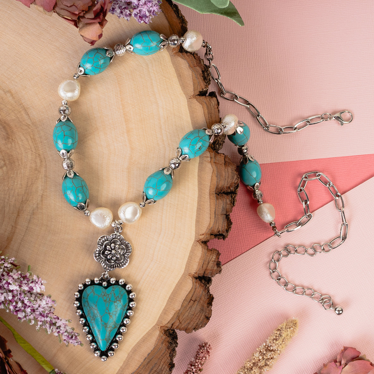 92075 - Squash Blossom Heart Necklace - Turquoise & Silver