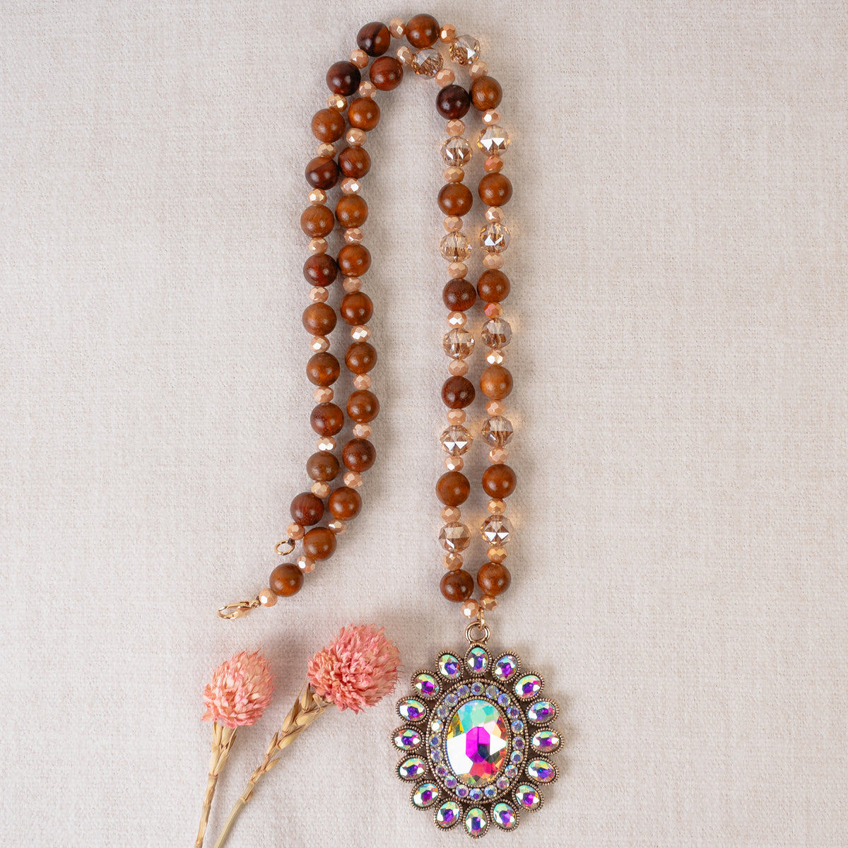 92077 - Crystal Pendant Necklace - Brown