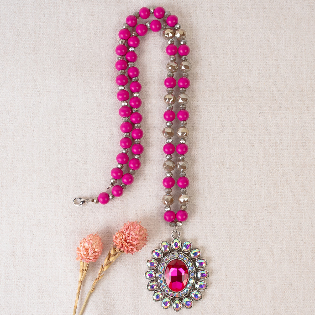 92077 - Crystal Pendant Necklace - Fuchsia