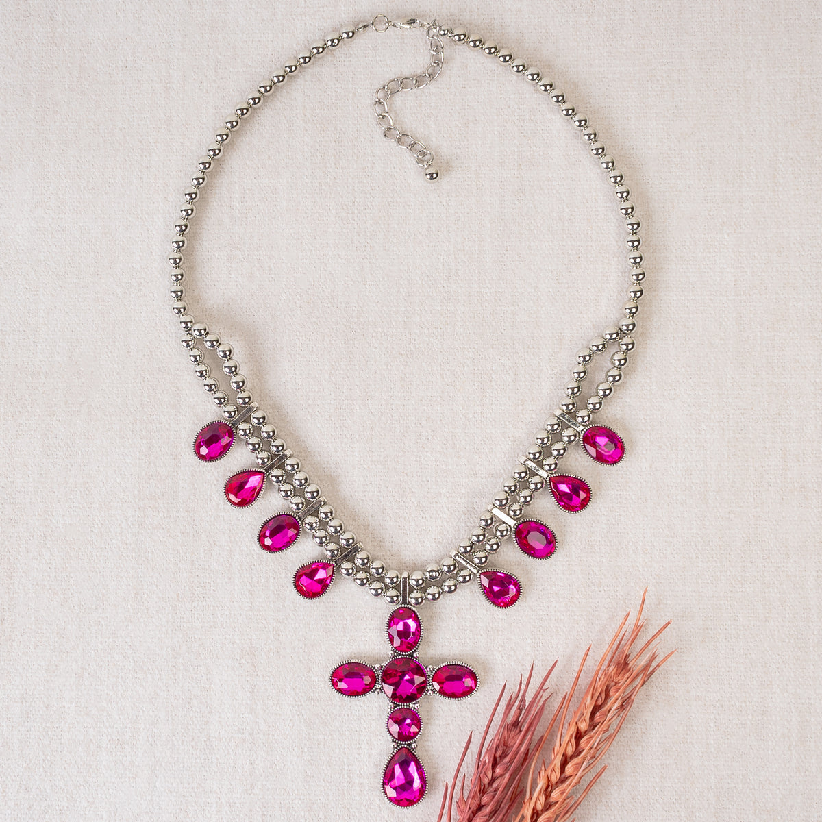 92079 - Crystal Pendant Necklace - Fuchsia
