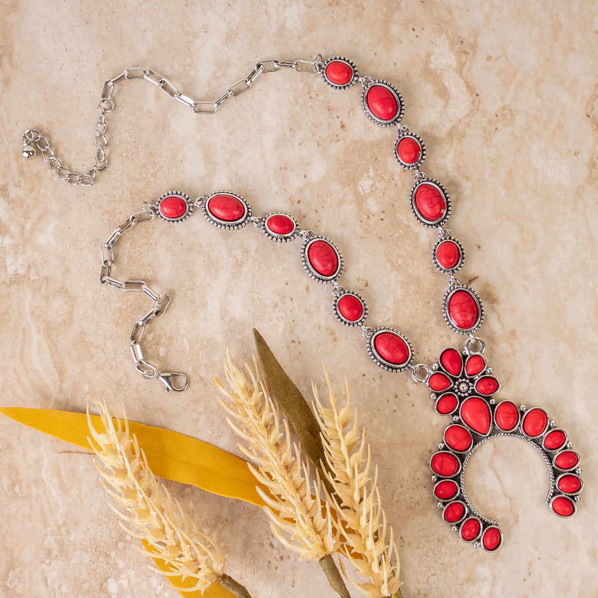 92082 - Squash Blossom Necklace - Red & Silver