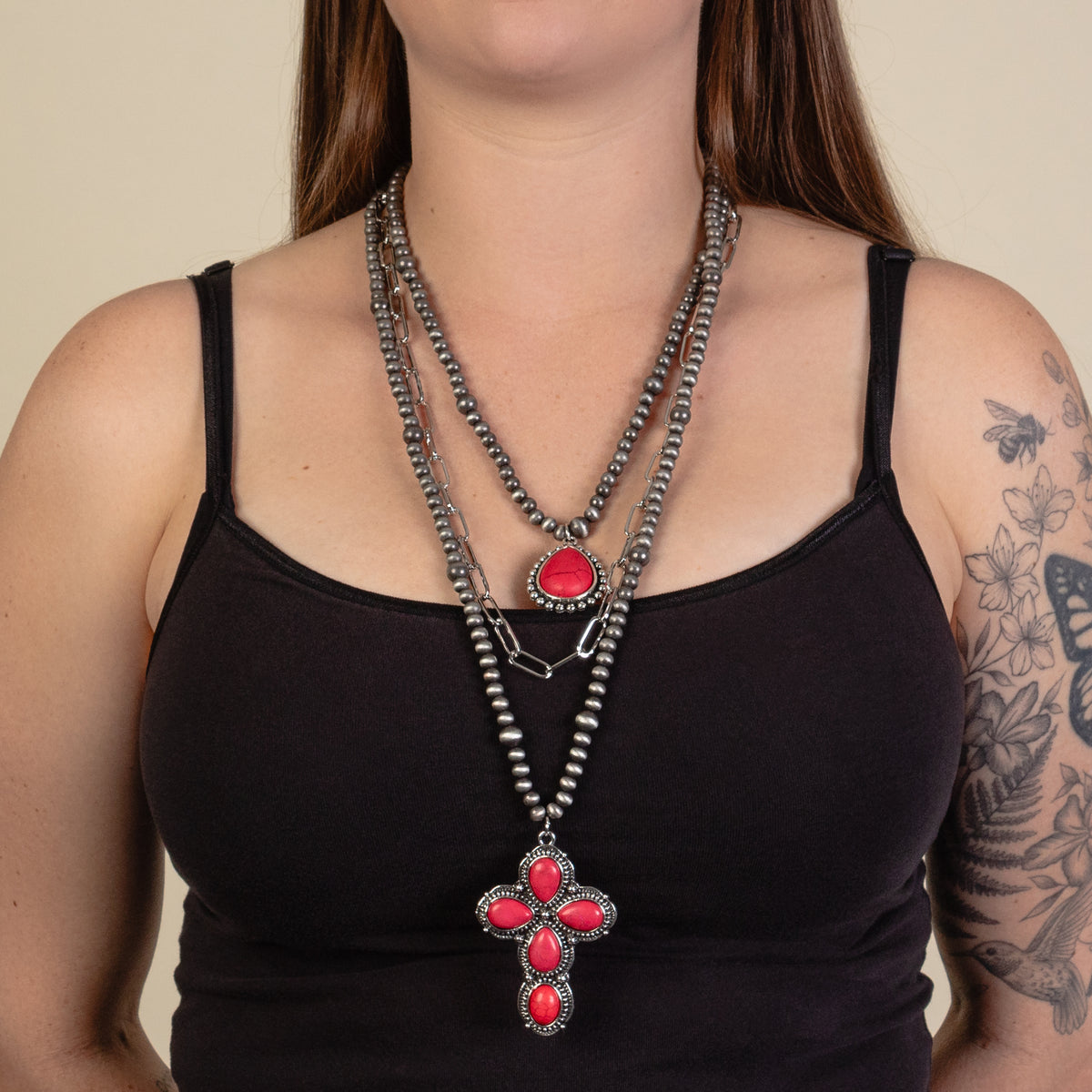 92088 - Layered Squash Blossom Necklace - Red