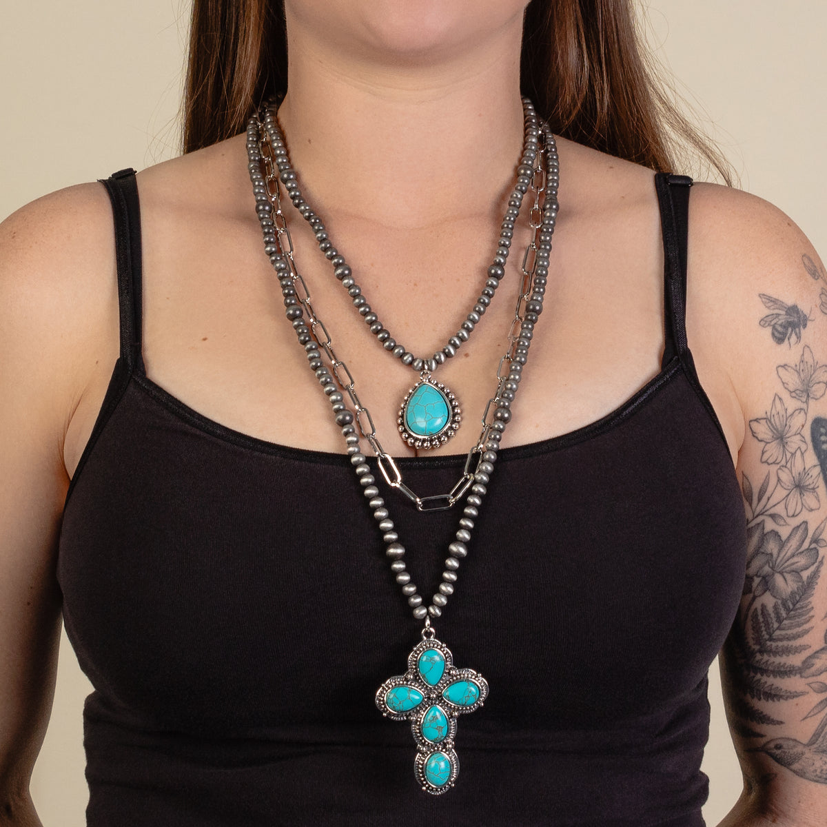 92088 - Layered Squash Blossom Necklace - Turquoise & Silver