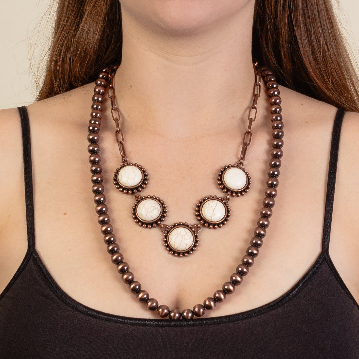 92090 - Layered Squash Blossom Necklace - Ivory & Copper