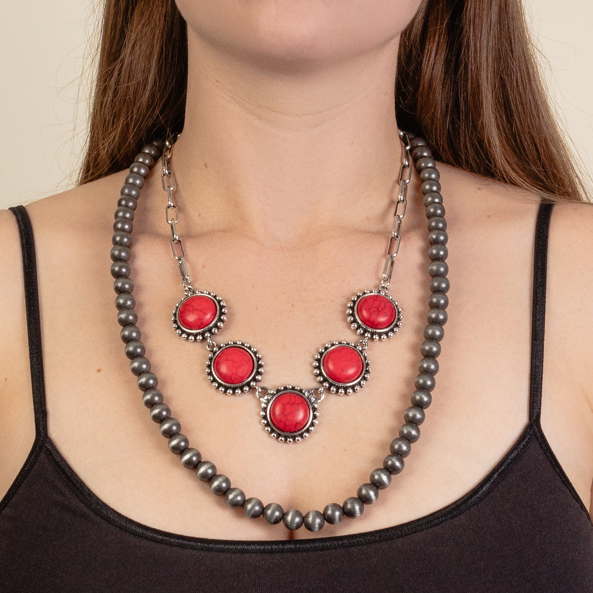 92090 - Layered Squash Blossom Necklace - Red & Silver