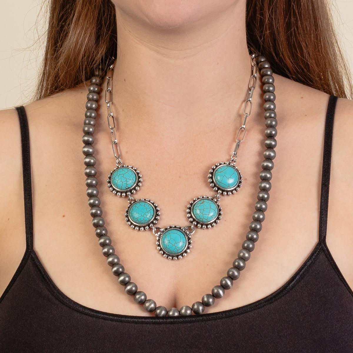 92090 - Layered Squash Blossom Necklace - Turquoise & Silver