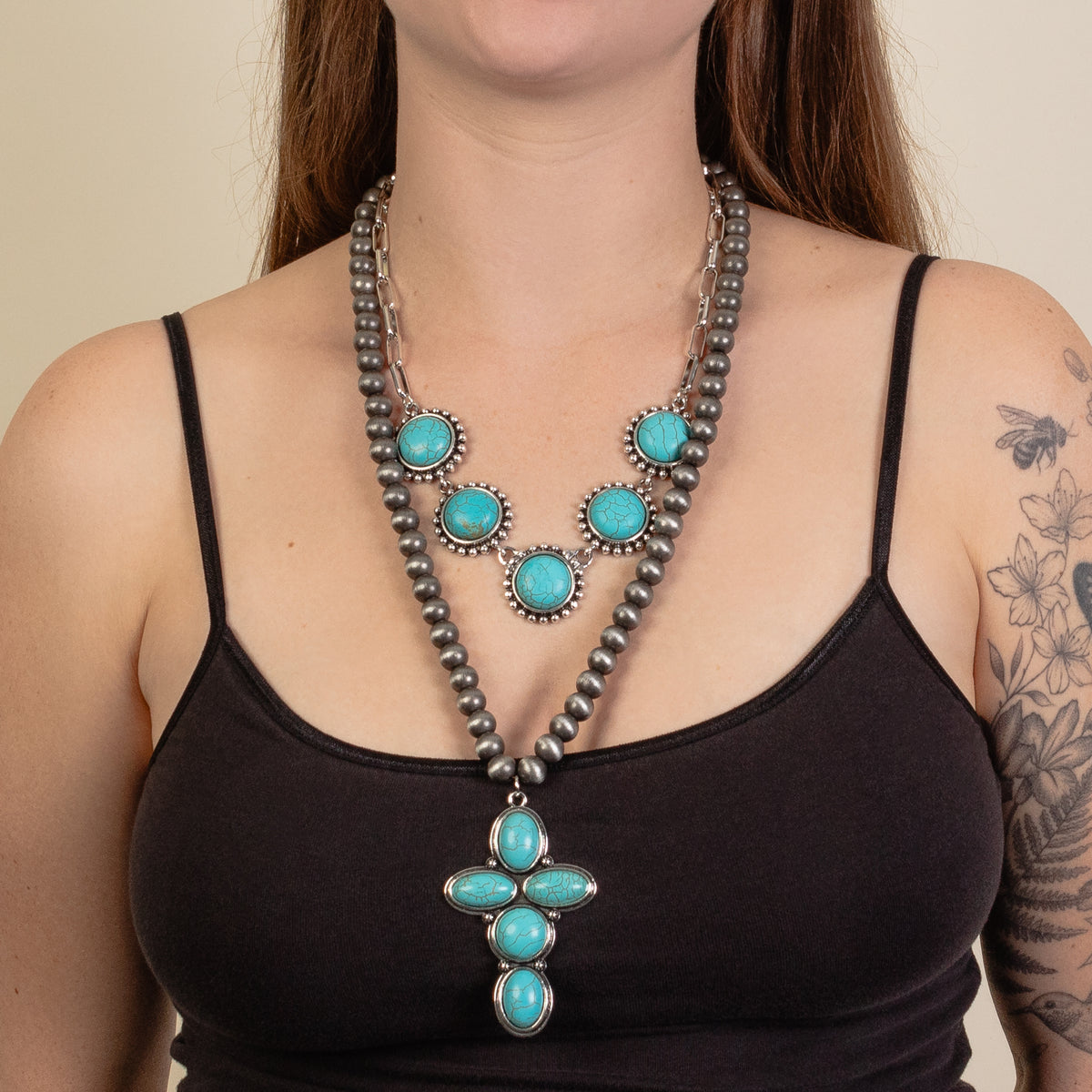 92091 - Layered Squash Blossom Necklace - Turquoise & Silver
