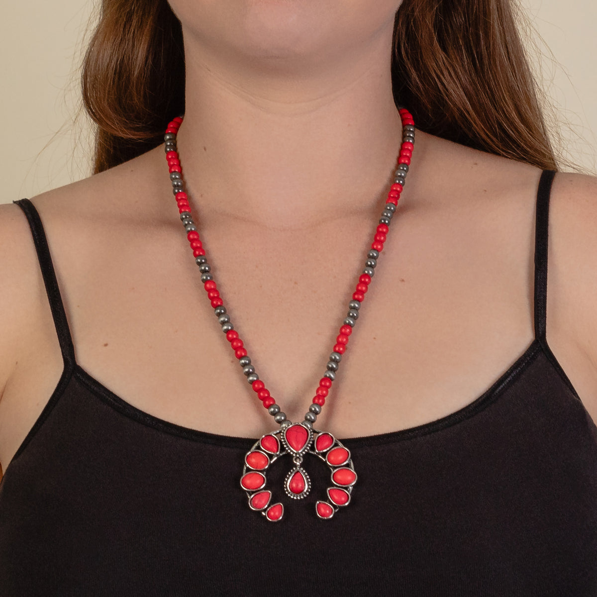 92099 - Squash Blossom Necklace - Red & Silver