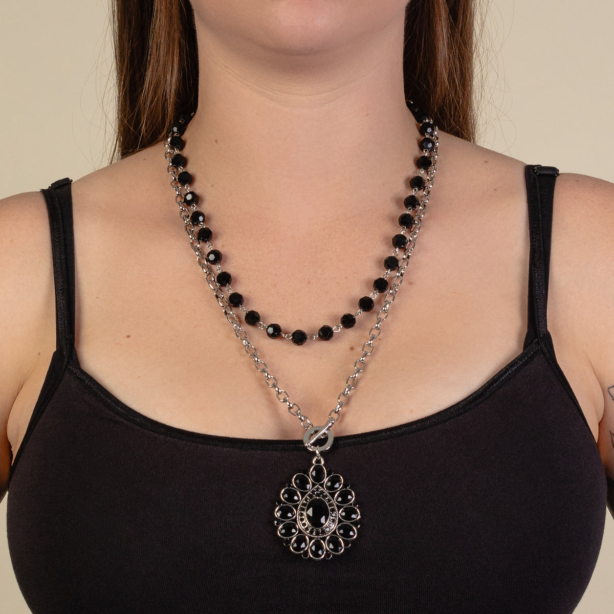 92102 - Layered Crystal Necklace - Black