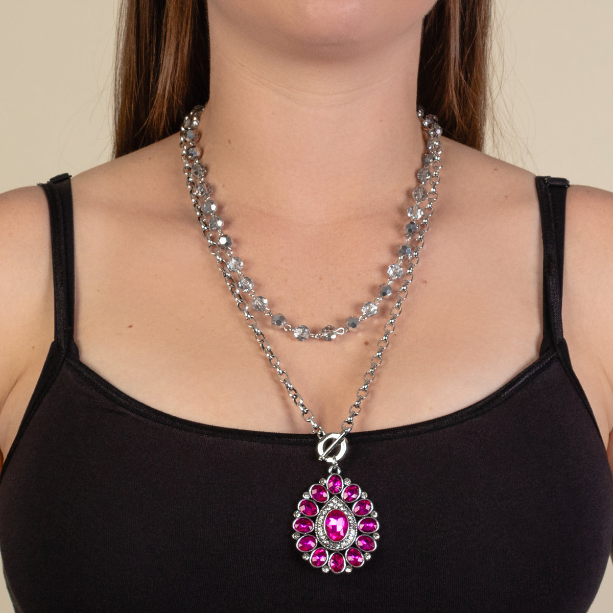 92102 - Layered Crystal Necklace - Fuchsia