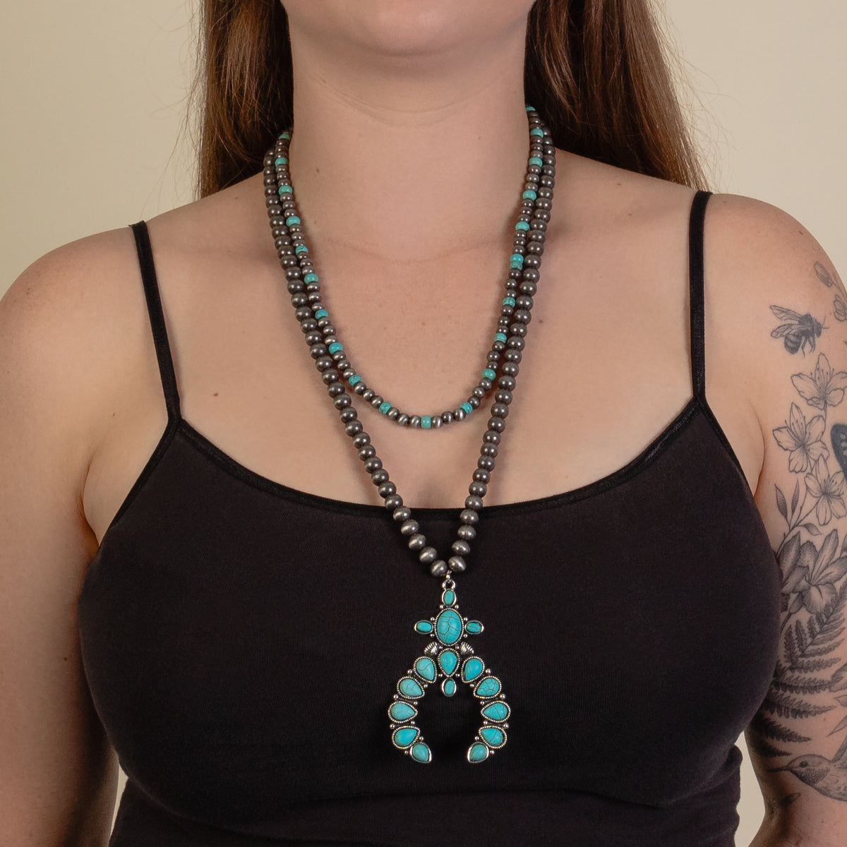 92106 - Layered Squash Blossom Necklace - Turquoise & Silver