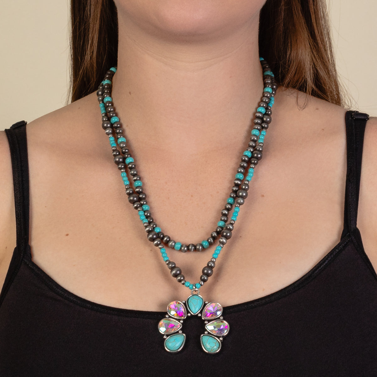 92107 - Layered Squash Blossom Necklace - Turquoise & Silver
