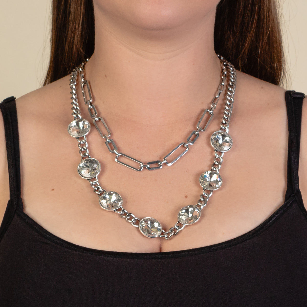 92115 - Layered Crystal Necklace - Silver