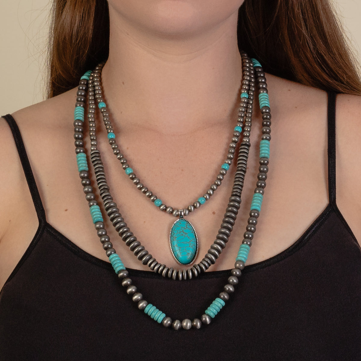 92119 - Layered Squash Blossom Necklace - Turquoise & Silver