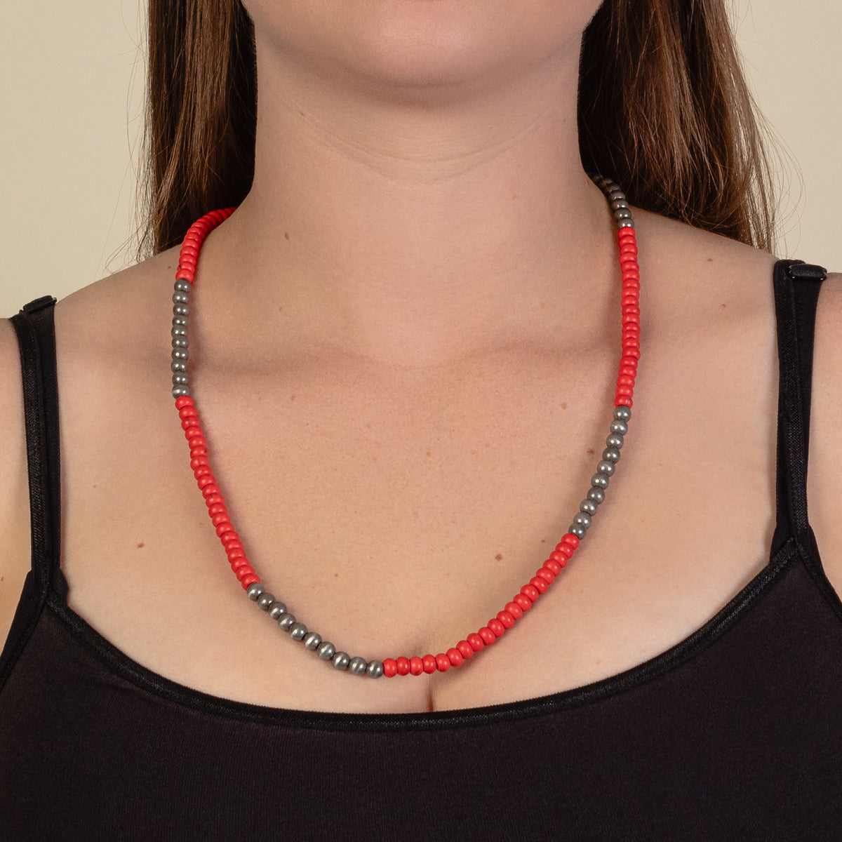 92156 - Western Pearl Necklace - Red & Silver