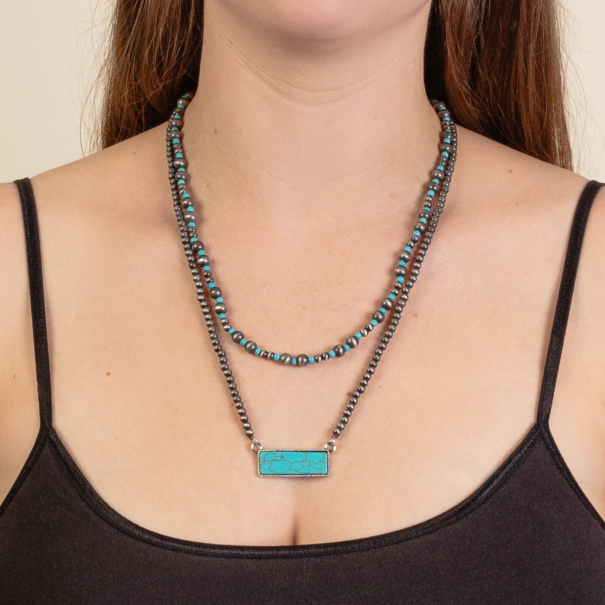 92171 - Layered Squash Blossom Necklace - Turquoise & Silver
