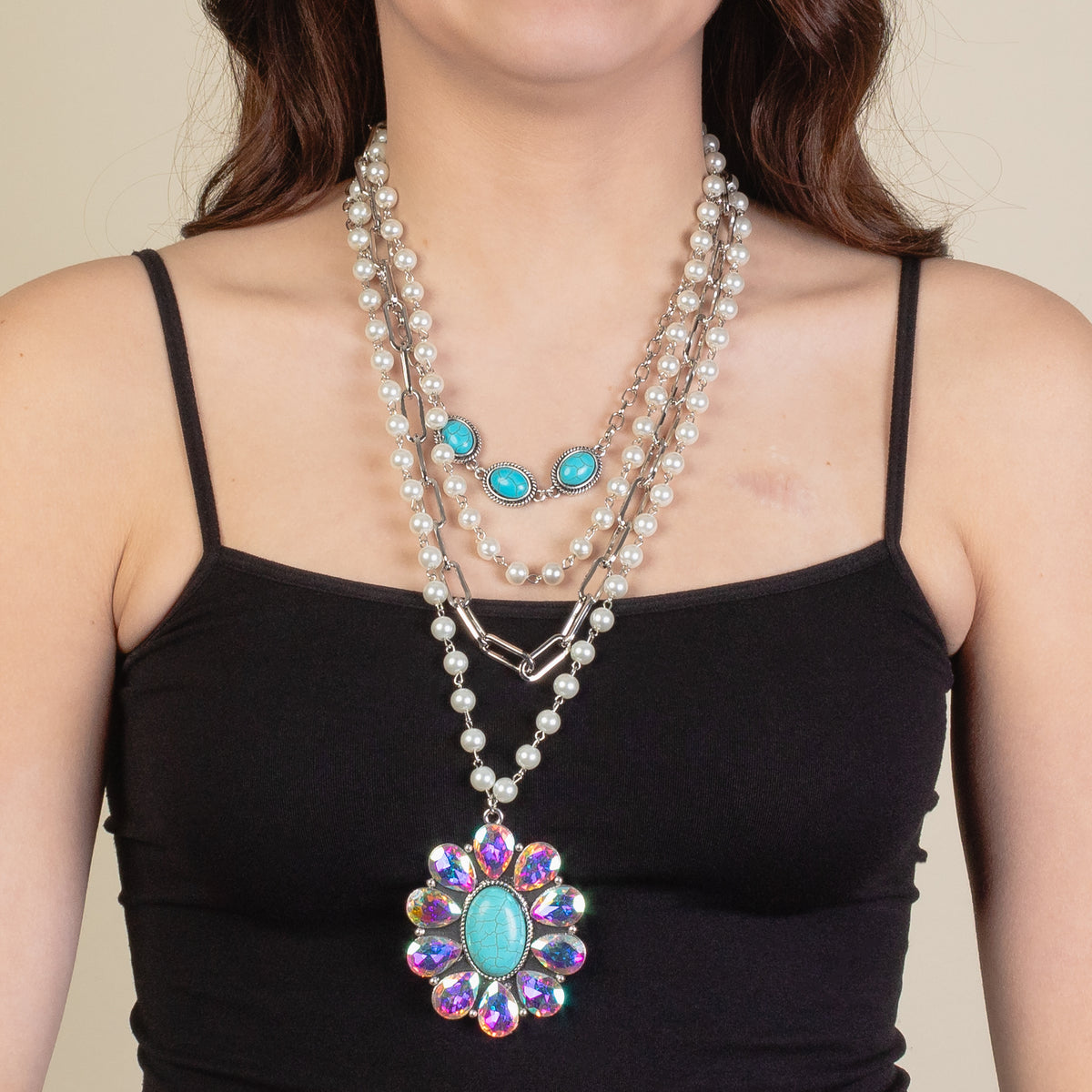 92193 - Layered Squash Blossom Necklace - Turquoise & AB