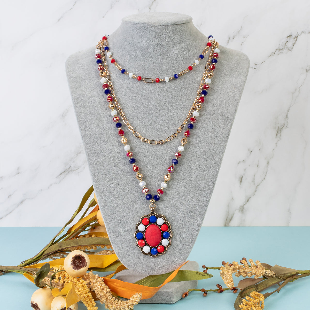 92209 - Layered Fourth of July Necklace - Red, White, & Blue