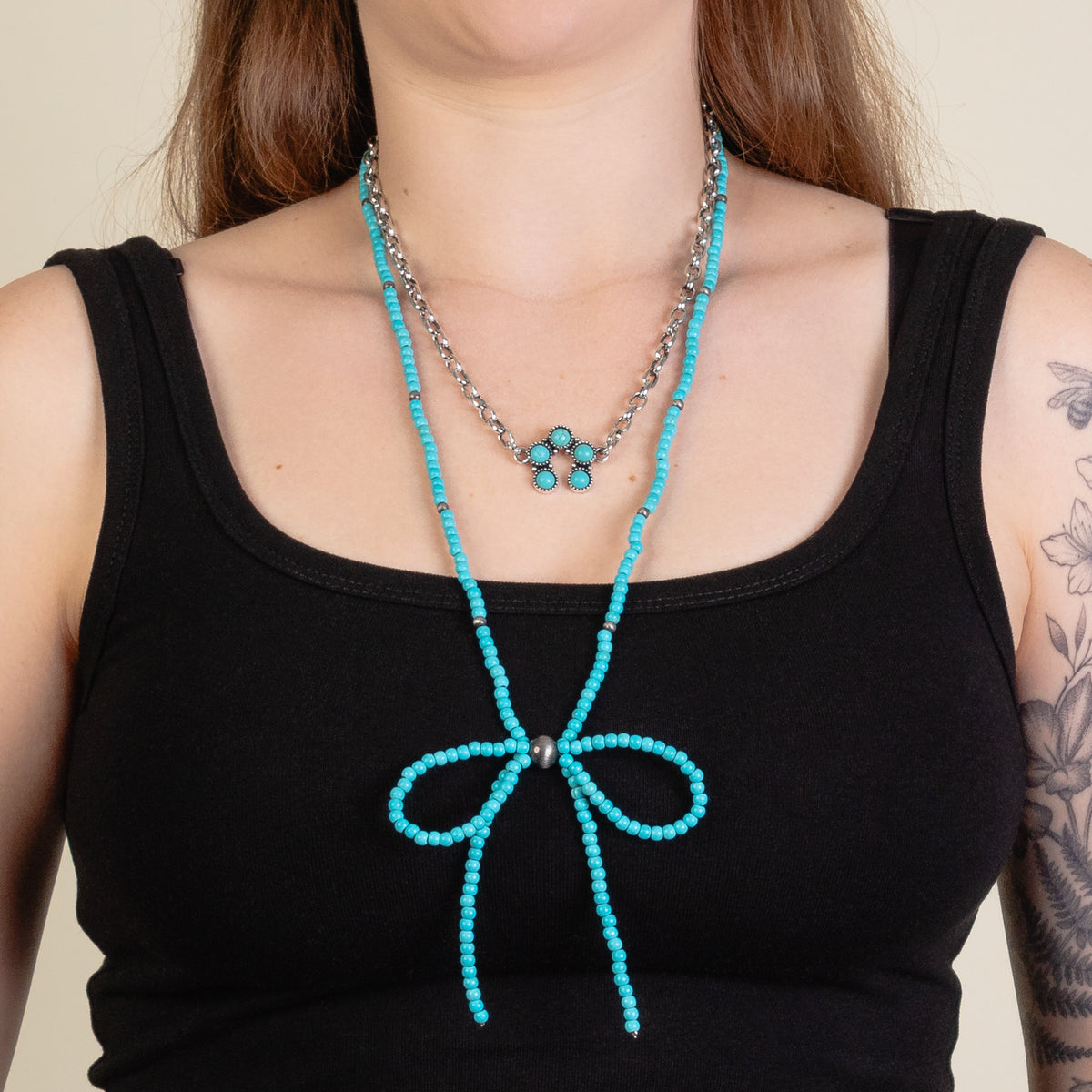 92254 - Layered Squash Blossom Necklace - Turquoise & Silver