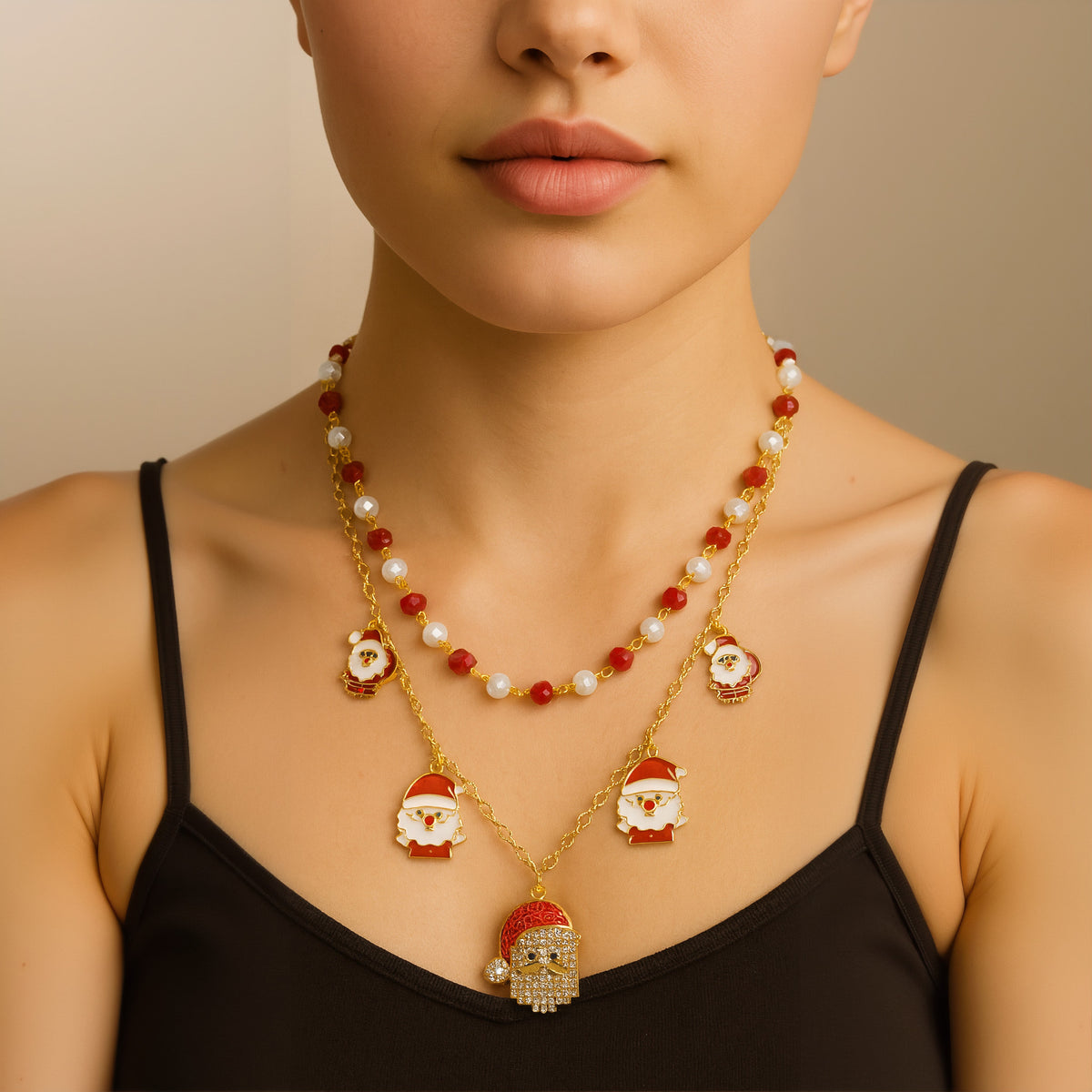 92313 - Layered Christmas Charm Necklace - Red
