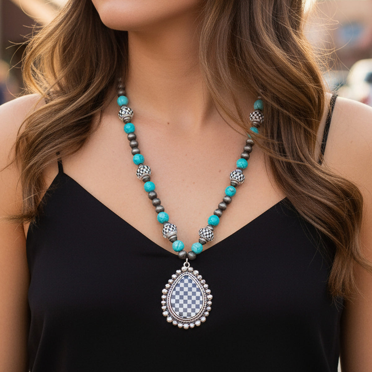 92315 - Checkered Pendant Necklace - Turquoise