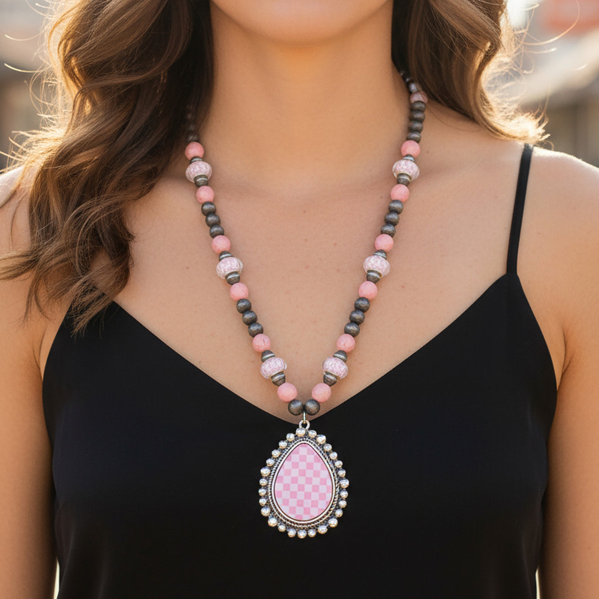 92315 - Checkered Pendant Necklace - Pink