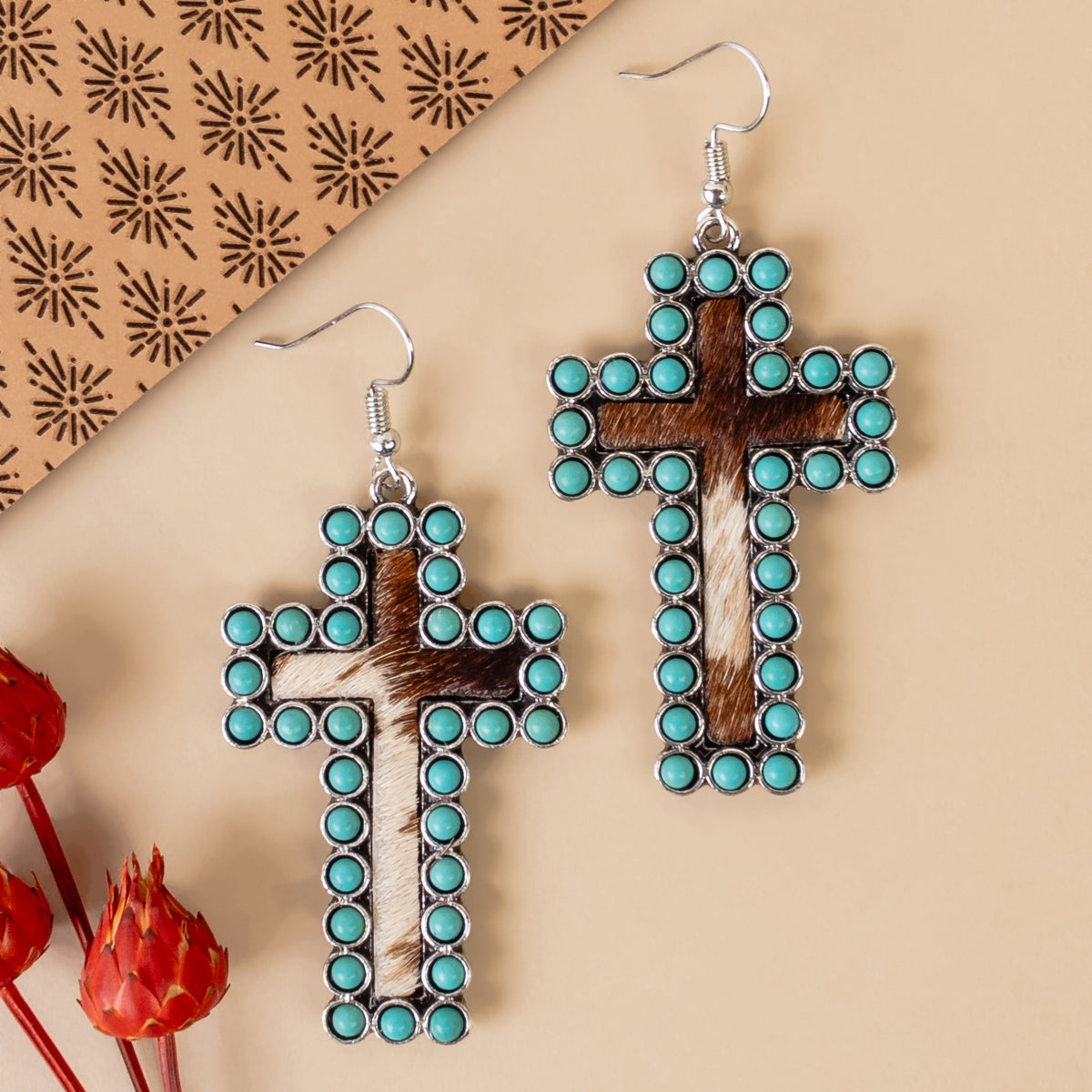 93089 - Cross Earrings - Turquoise & Brown