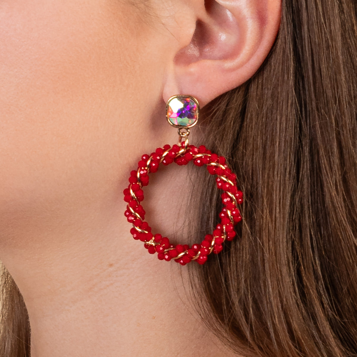 93124 - Beaded Hoop Earrings - Red