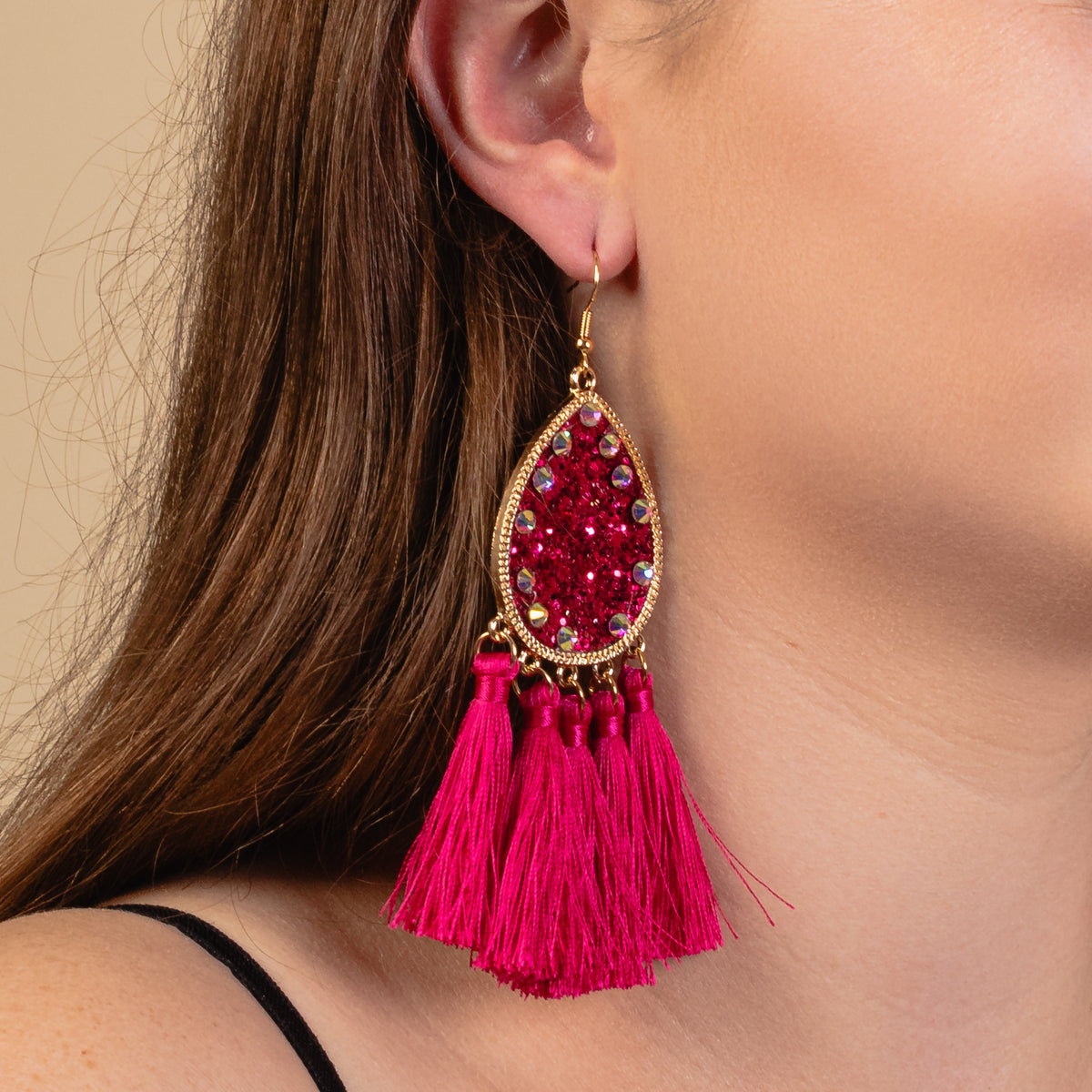 93126 - Glitter Tassel Earrings - Fuchsia