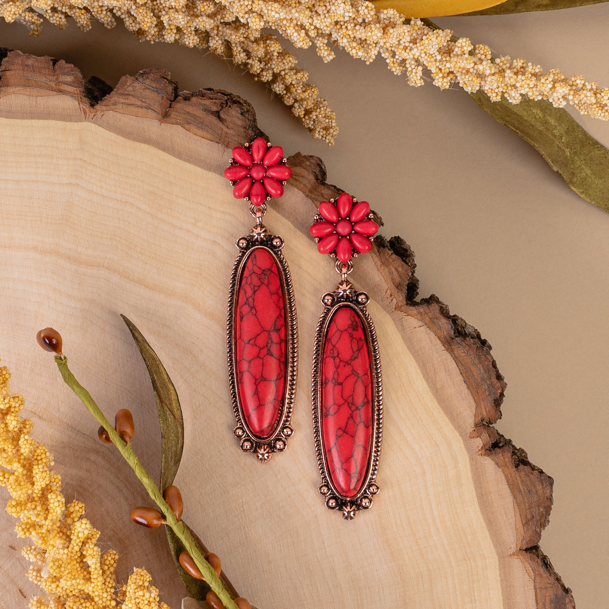93135 - Squash Blossom Earrings - Red & Copper