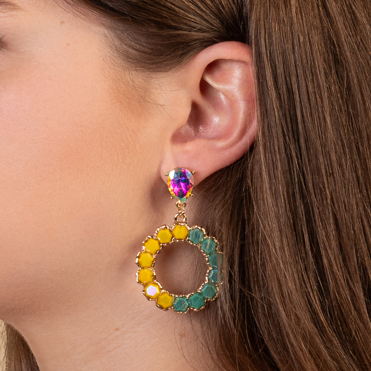 93138 - Crystal Hoop Earrings - Turquoise & Yellow