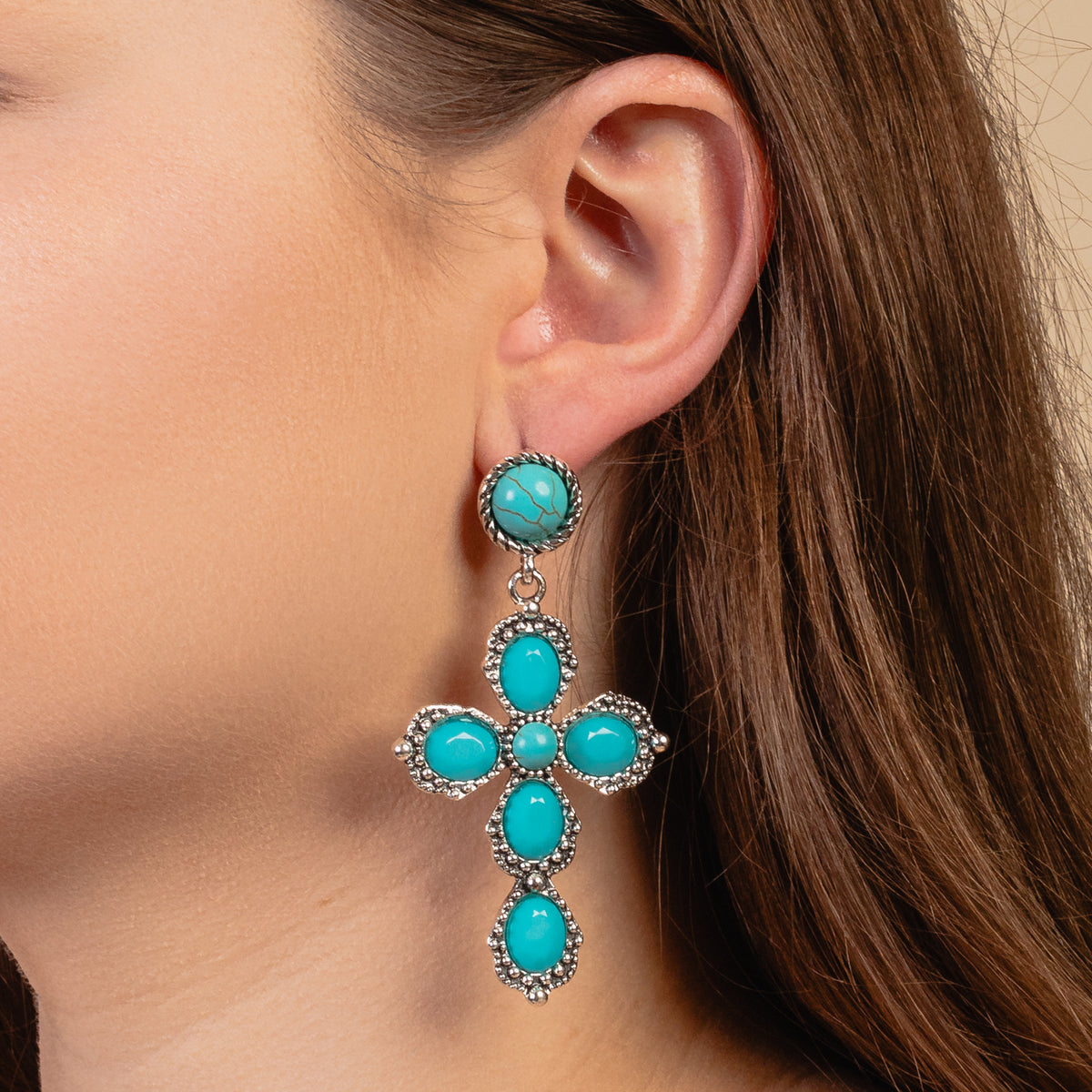 93149 - Crystal Cross Earrings - Turquoise & Silver