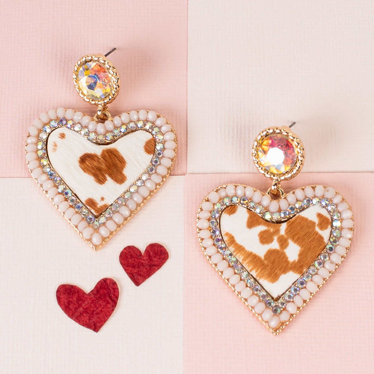 93164 - Animal Print Heart Earrings - Beige