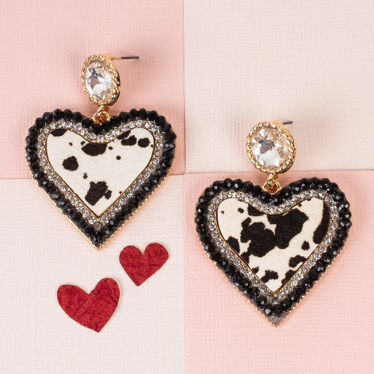 93164 - Animal Print Heart Earrings - Black