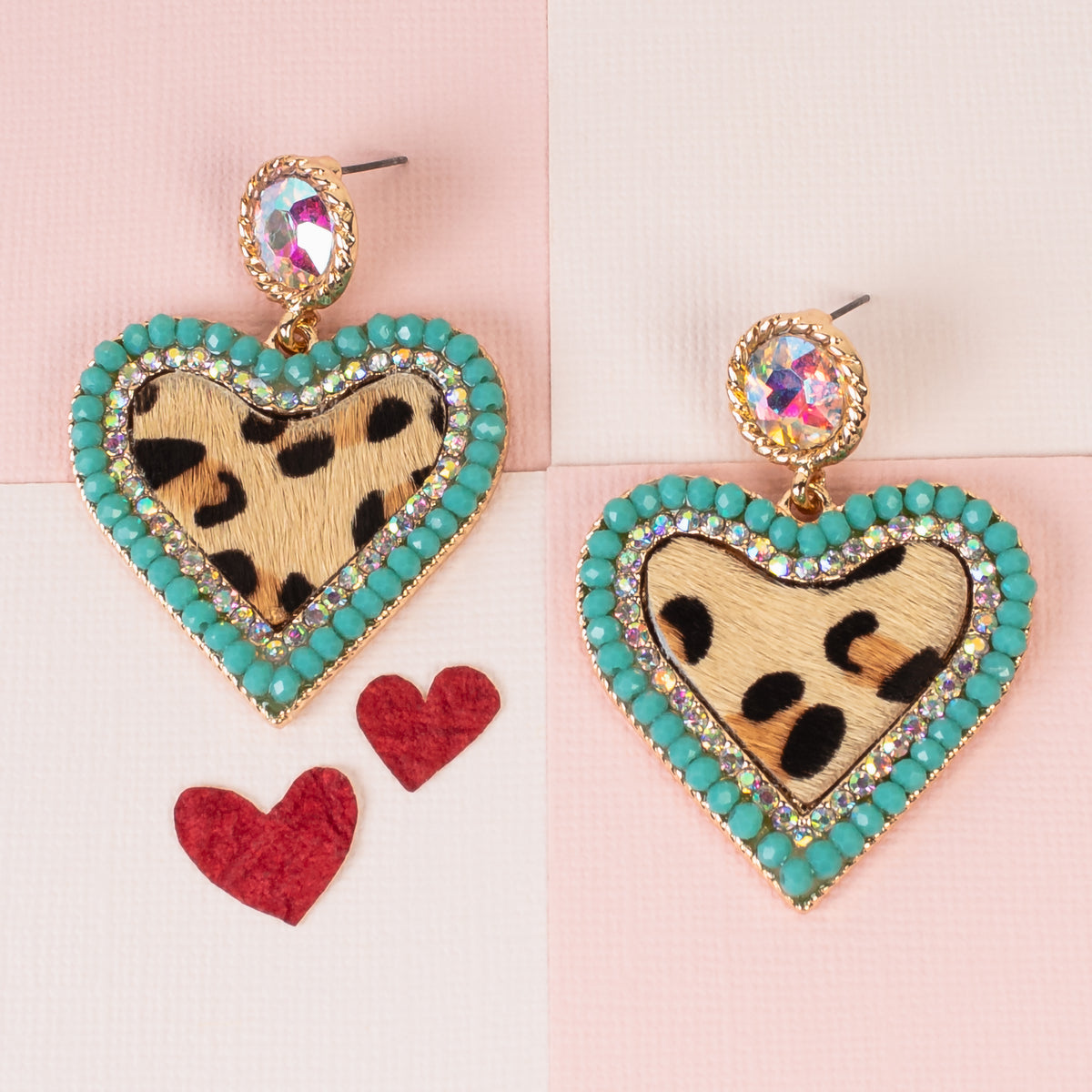 93164 - Animal Print Heart Earrings - Turquoise
