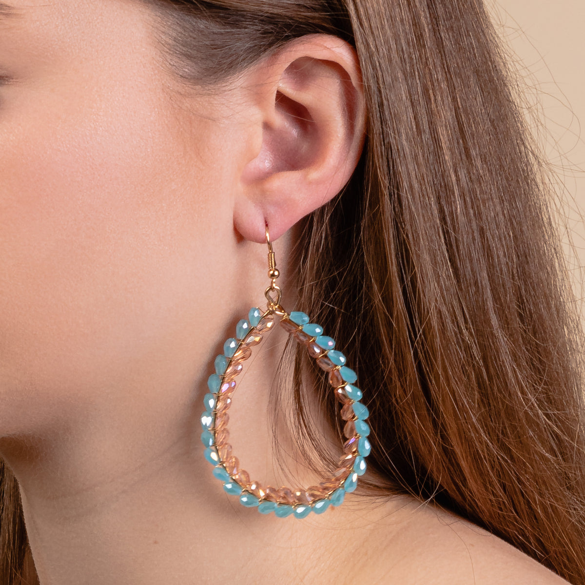 93169 - Beaded Hoop Earrings - Turquoise & Champagne