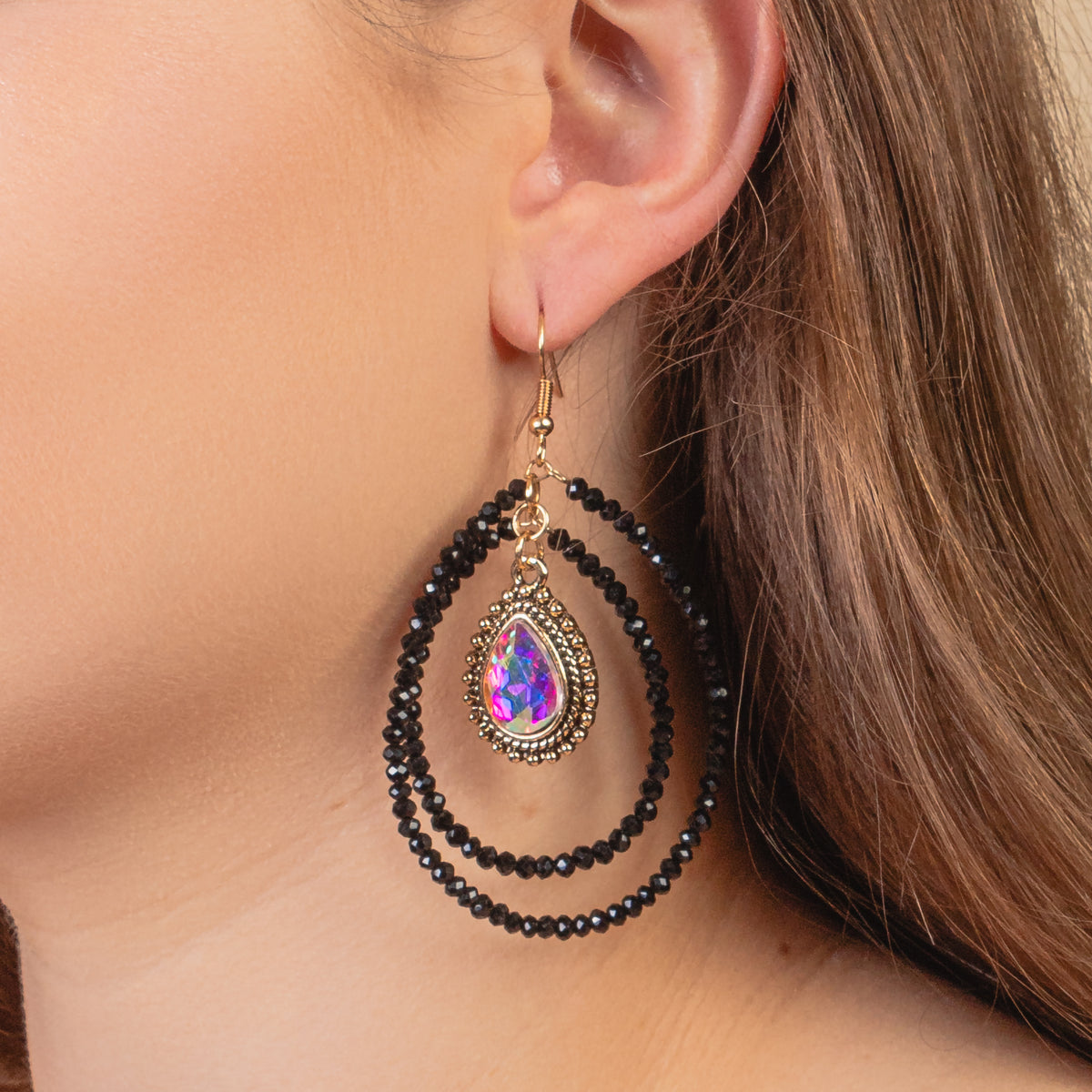 93172 - Beaded Hoop Earrings - Black