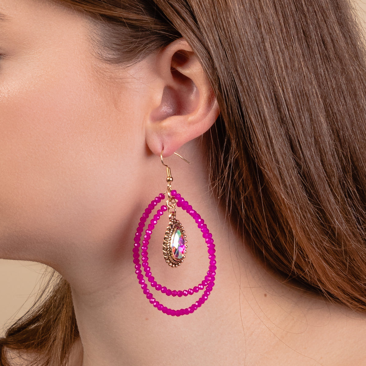 93172 - Beaded Hoop Earrings - Fuchsia