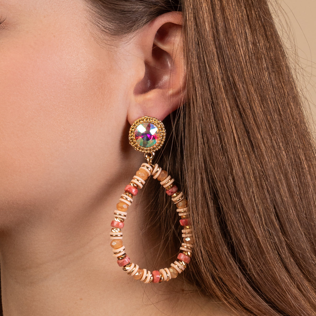 93198 - Beaded Hoop Earrings - Pink