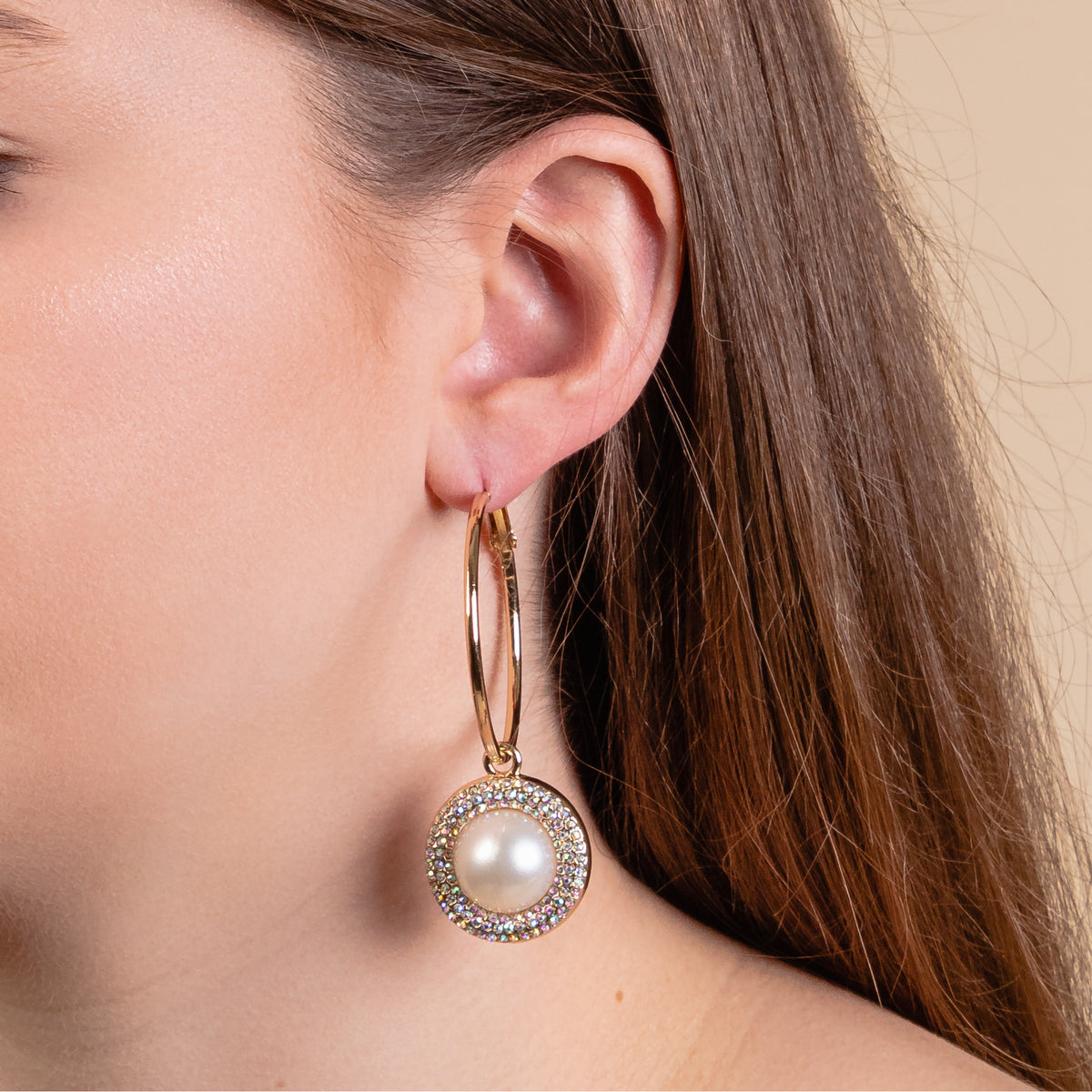 93199 - Rhinestone Hoop Earrings - Pearl