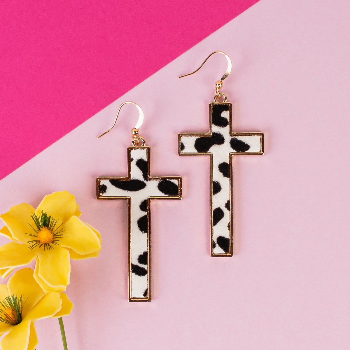 93201 - Animal Print Cross Earrings - Black & White