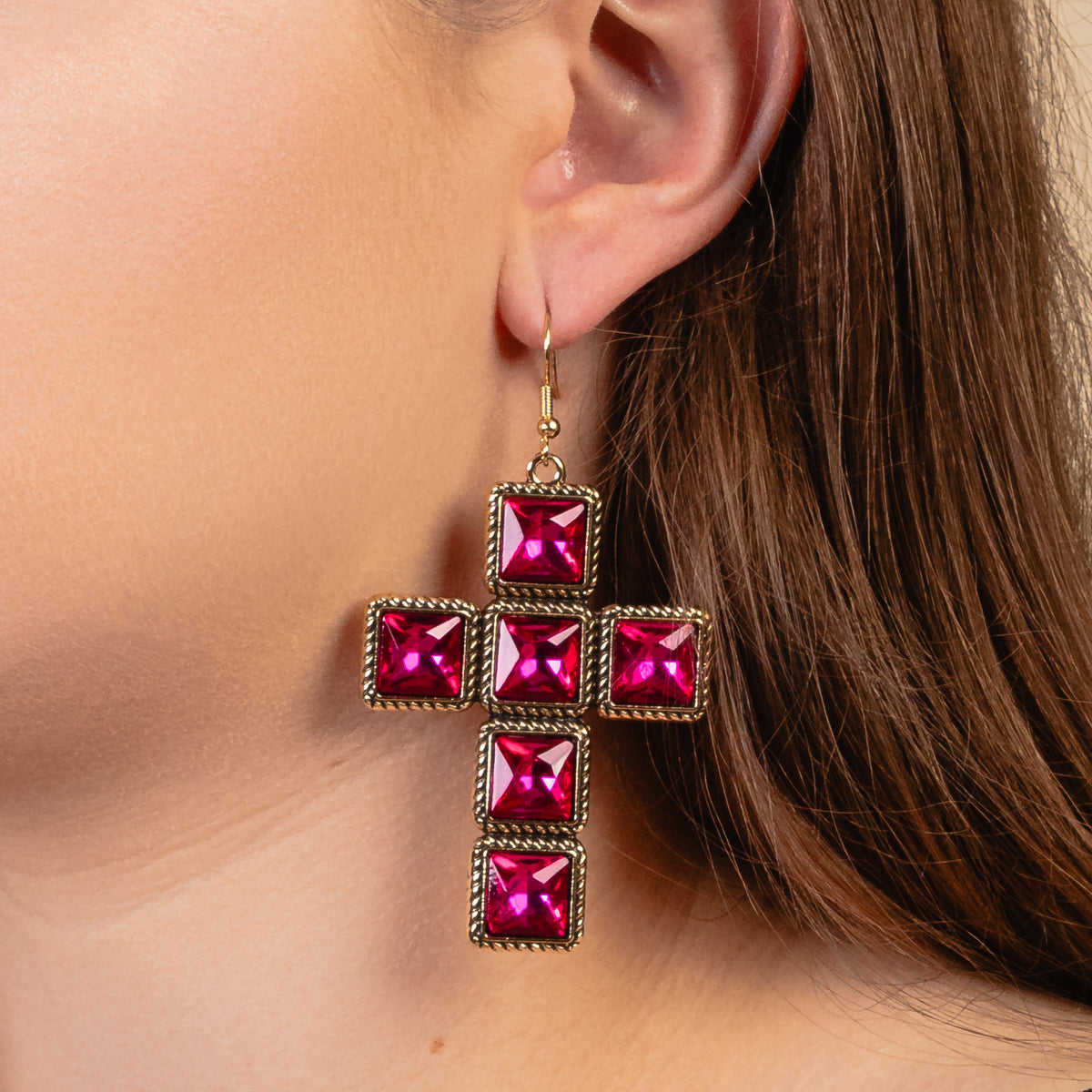 93218 - Cross Earrings - Fuchsia