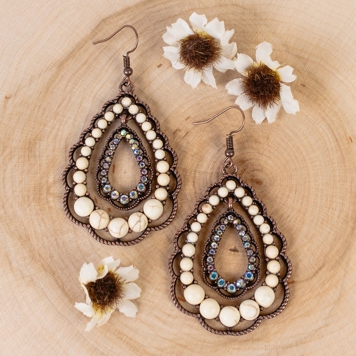 93235 - Crystal Squash Blossom Earrings - Ivory & Copper