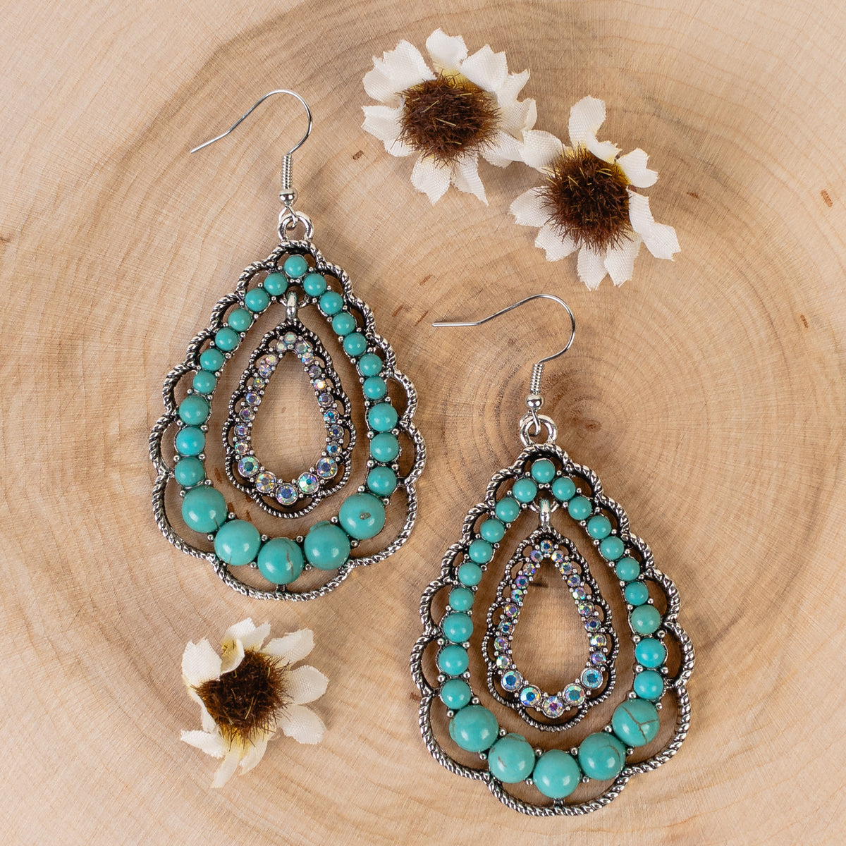 93235 - Crystal Squash Blossom Earrings - Turquoise & Silver