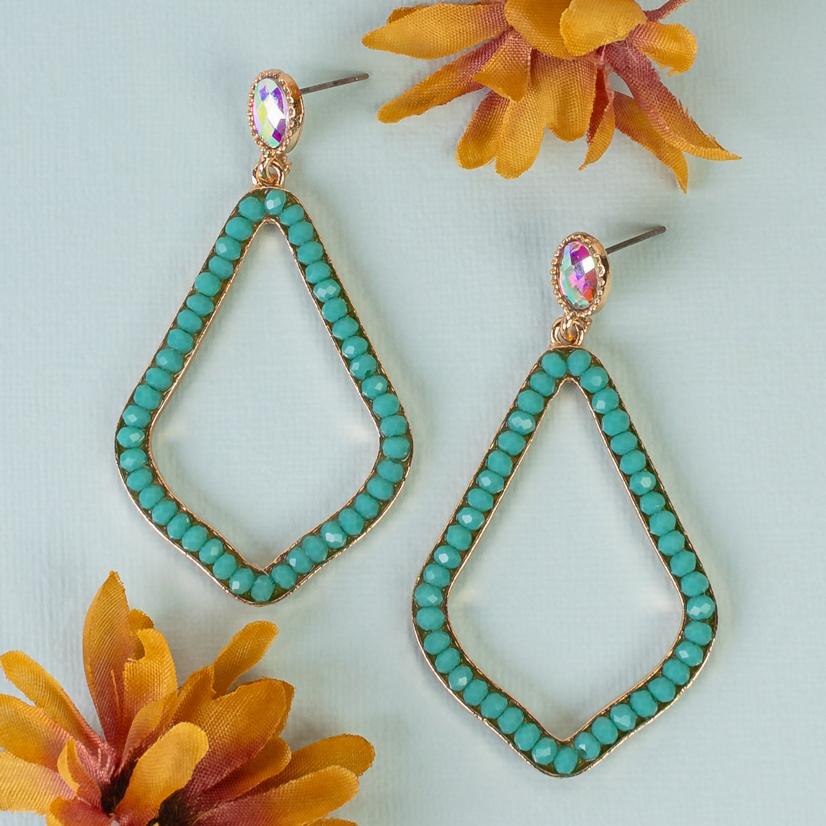 93246 - Crystal Studded Drop Earrings - Turquoise