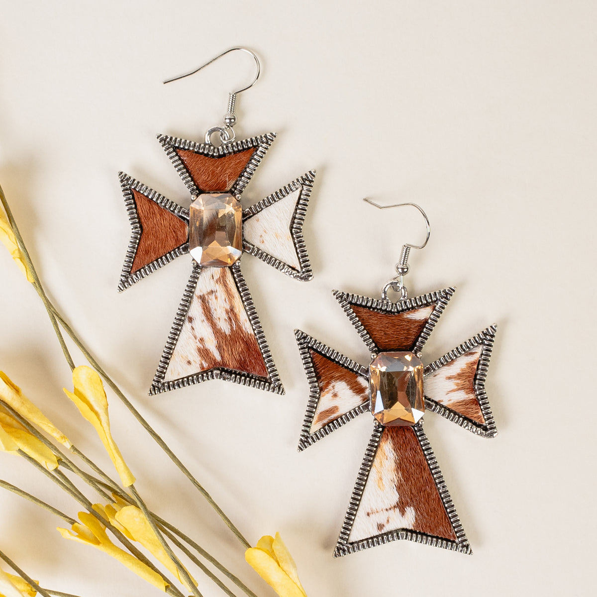 93250 - Animal Print Cross Earrings - Brown